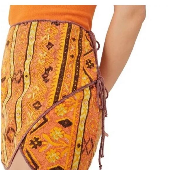Free People | NWT Cleo Geometric-print Wrap Skirt Rust Combo Boho Aztec | 4 - Picture 4 of 5